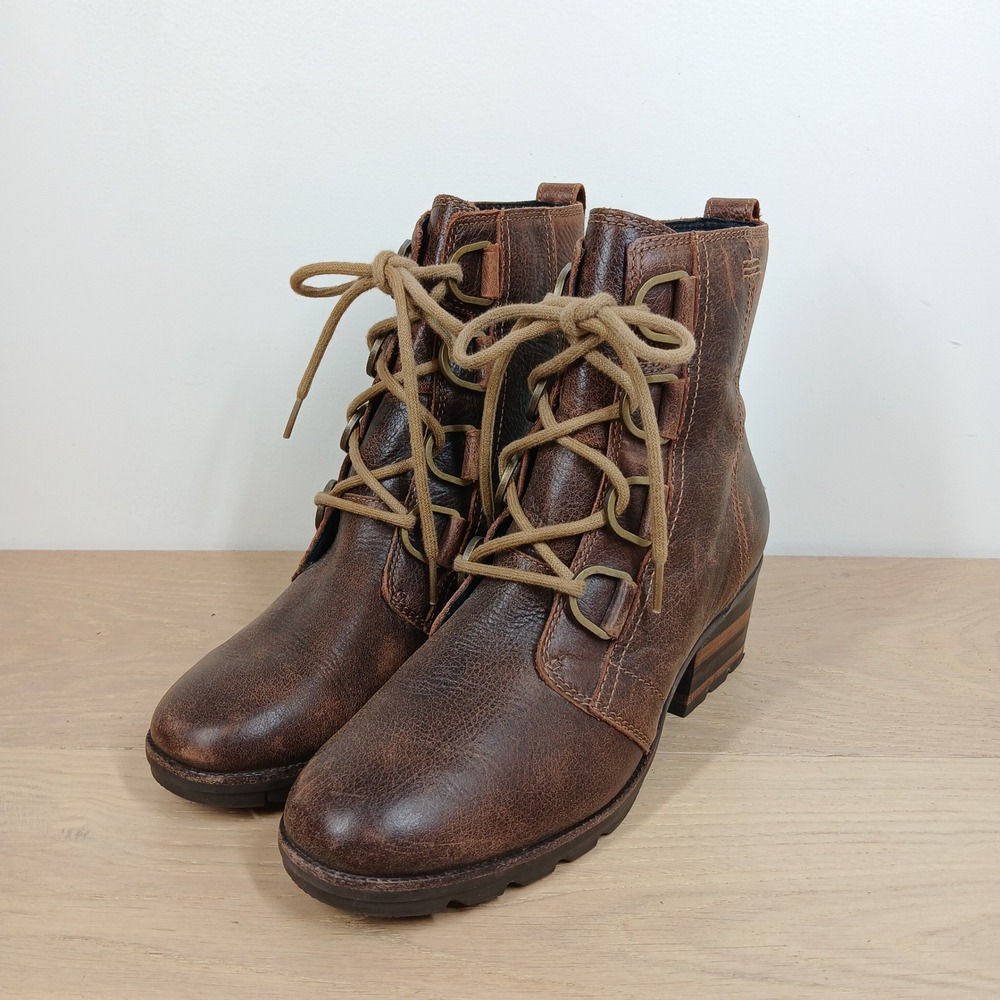 Sorel Boots Womens 8 Brown Leather Block Heel Combat Lace Up Ankle Streetwear